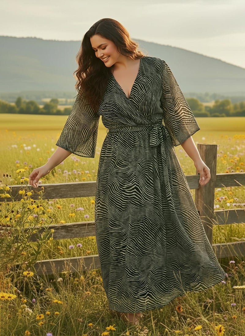 Globus Gloplus Women Multicolor V-Neck Abstract Print Waist Tie-Up Plus Size Maxi Wrap Dress - Image 3